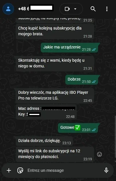 Screen z WhatsApp: szybka aktywacja usługi IPTV Poland i pomoc techniczna